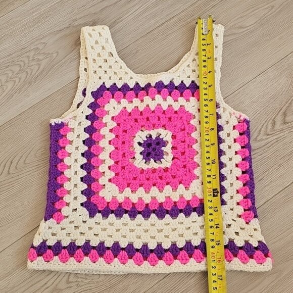 Granny Square Boho Crochet Tank Top Bright Pink And Purple Colors Youth - Picture 6 of 12